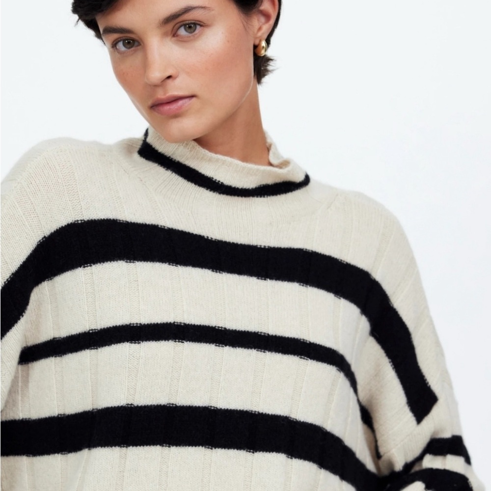 Madewell Ribbed Cashmere-Wool Pullover Sweater Cobalt Blue/Black Stripe Small - Picture 6 of 16